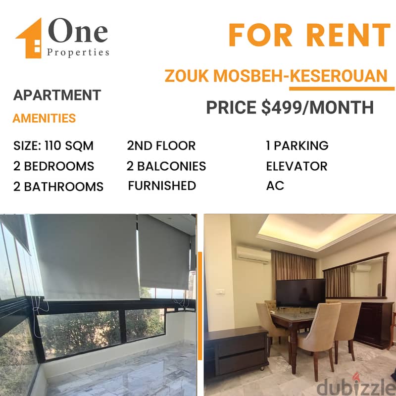 FURNISHED Apartment for RENT,in ZOUK MOSBEH/KESEROUAN. 0
