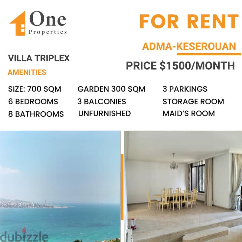 TRIPLEX VILLA for RENT,in ADMA/KESEROUAN, WITH A GREAT SEA VIEW. 0