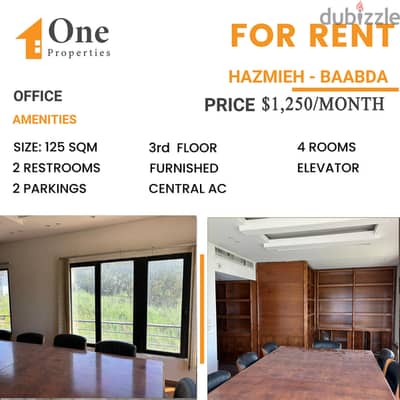 FULLY FURNISHED OFFICE for rent in HAZMIEH / BAABDA ,PRIME LOCATION.