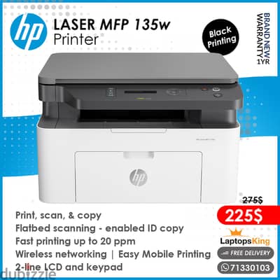 Hp Laser Mfp 135w | Mobile Printing | Black 3in1 Wireless Printer