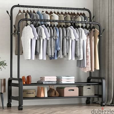 Double Pole Clothes Stand, Garment Rack with Coat Hangers, Shoe Shelf