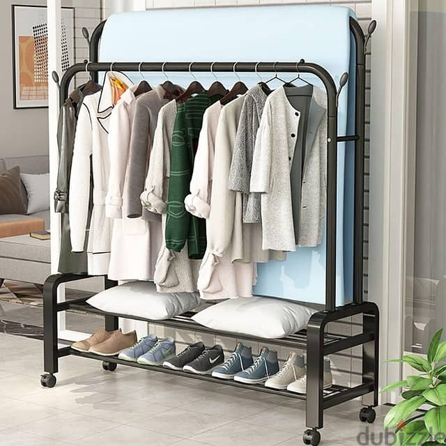 Double Pole Clothes Stand, Garment Rack with Coat Hangers, Shoe Shelf 1