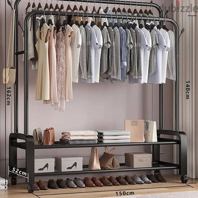 Double Pole Clothes Stand, Garment Rack with Coat Hangers, Shoe Shelf 3