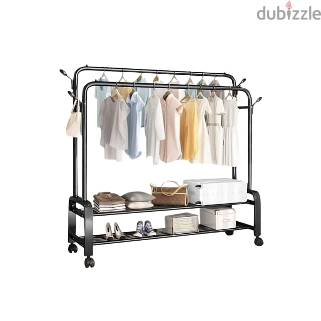 Double Pole Clothes Stand, Garment Rack with Coat Hangers, Shoe Shelf 8