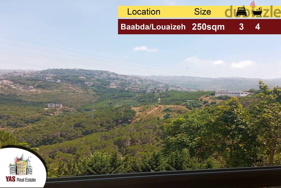 Baabda/Louaizeh 250m2 | 35m2 Terrace | Mountain View | Quiet Street | 0