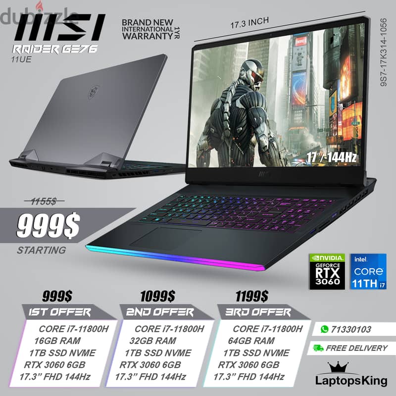 Msi Raider Ge76 11UE Core i7-11800h Rtx 3060 144hz 17.3" Gaming Laptop 0