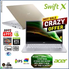 ACER SWIFT X RYZEN 7 5800U RTX 3050 Ti TRUE COLOR CREATOR LAPTOP