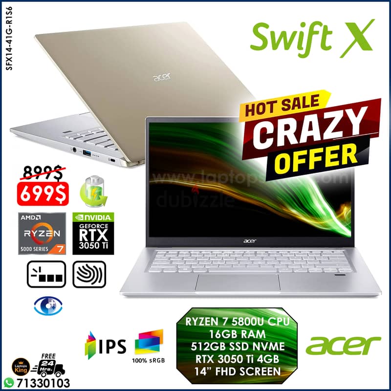 ACER SWIFT X RYZEN 7 5800U RTX 3050 Ti TRUE COLOR CREATOR LAPTOP 0