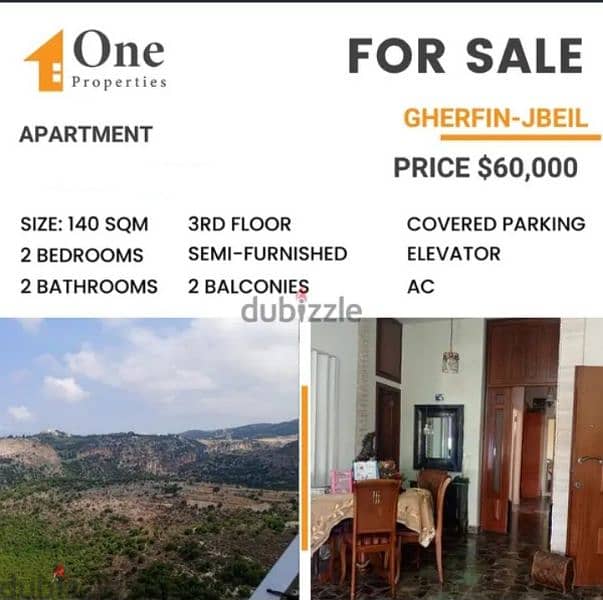 SEMI-FURNISHED APARTMENT for SALE,in GHERFIN-JBEIL,  mountain view. 0