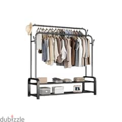 Double Steel Cloth Rack with Hooks, Shoe Shelves and Wheels