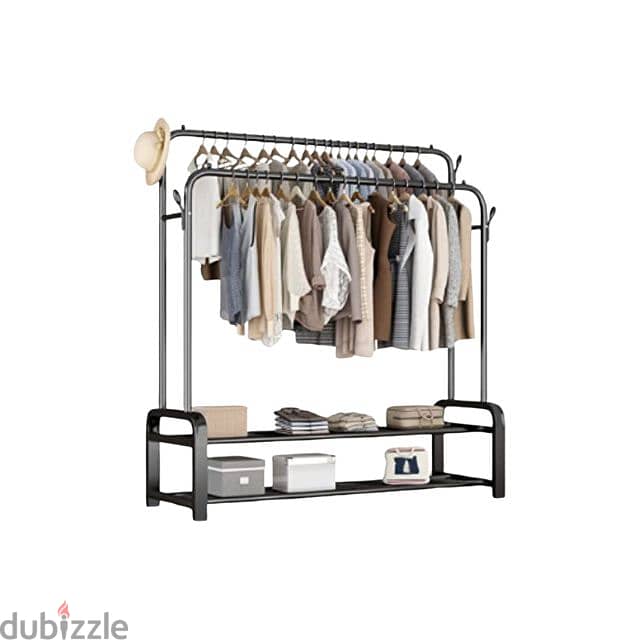 Double Steel Cloth Rack with Hooks, Shoe Shelves and Wheels 0