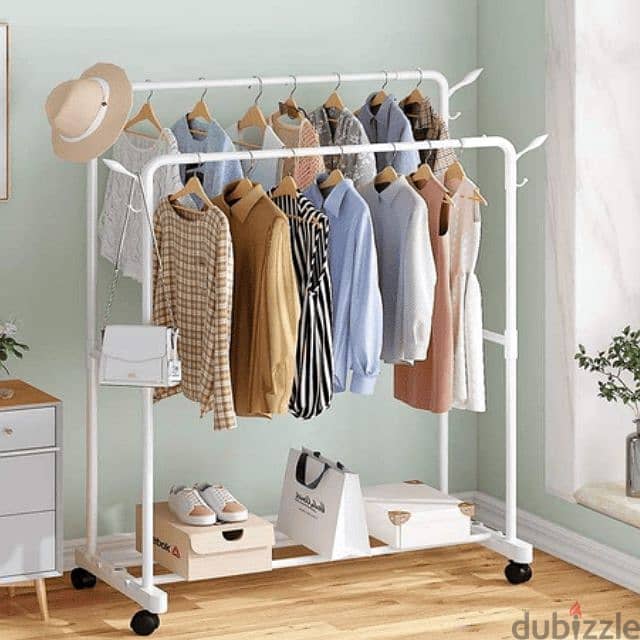 Double Steel Cloth Rack with Hooks, Shoe Shelves and Wheels 2