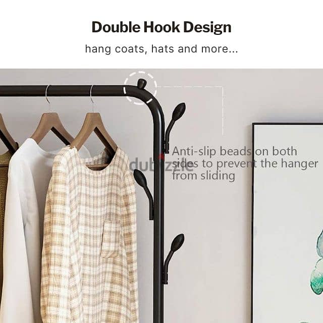 Double Steel Clothes Rack with Hooks, Shoe Shelves and Wheels 7