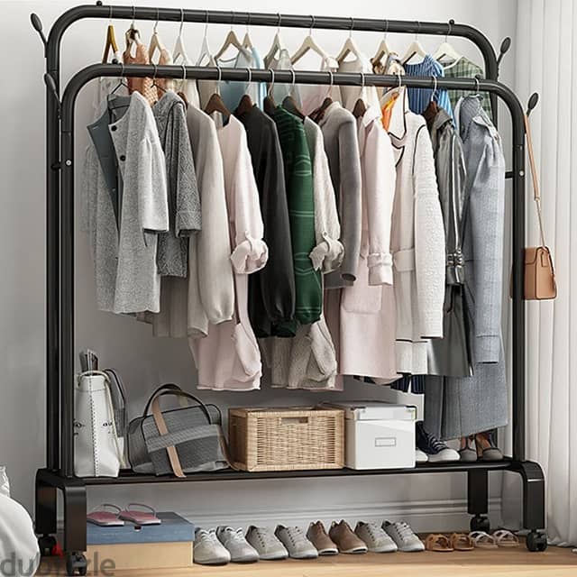 Double Steel Cloth Rack with Hooks, Shoe Shelves and Wheels 6