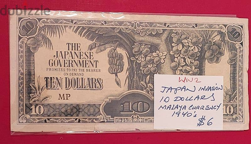 1940 Japanese invasion Malaya currency 10 dollars 2