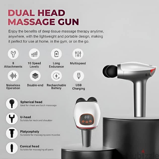 Double Head Massage Gun – Deep Muscle Massager, 10 Speeds, 8 Heads 5