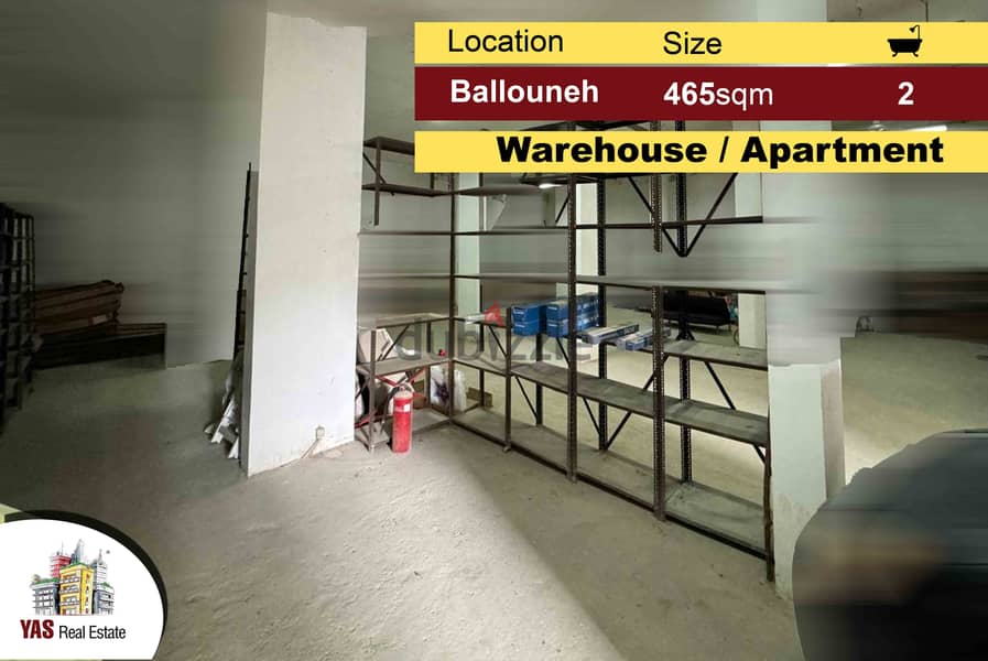 Ballouneh 465m2 Warehouse + Apartment | Road Level | New | Catch | 0