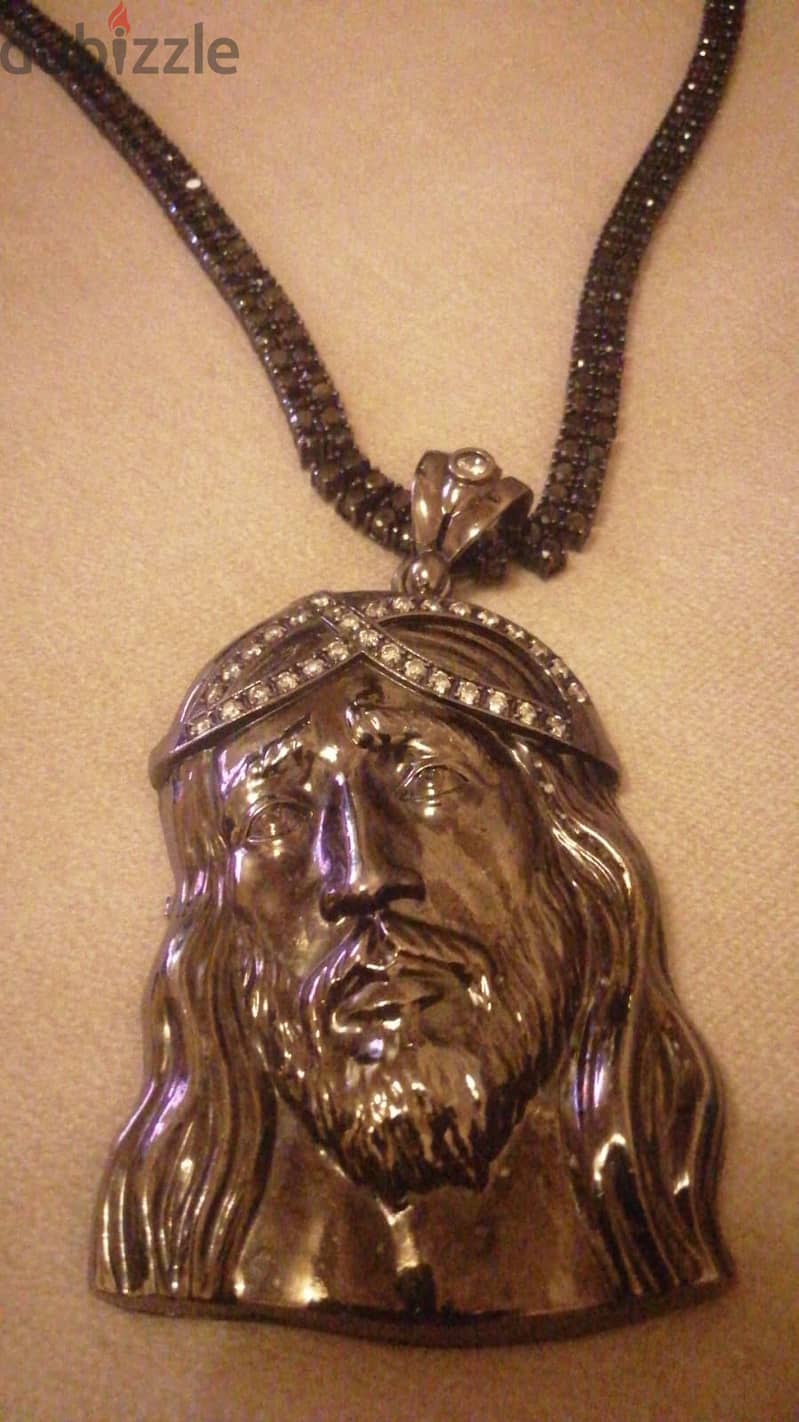 Real Silver Chain (185 gr) with Black Stones & Silver Christ Pendant 0