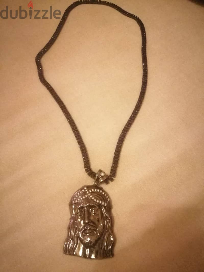 Real Silver Chain (185 gr) with Black Stones & Silver Christ Pendant 2