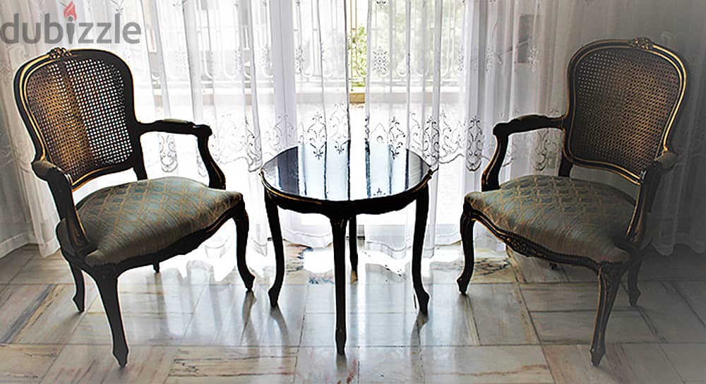 Vintage Louis XV 2 Armchairs With Coffee Table Set 0