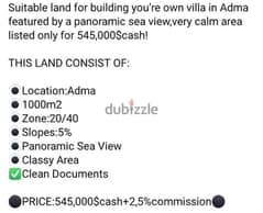 land 1000m in adma 20/40 545000$ 0