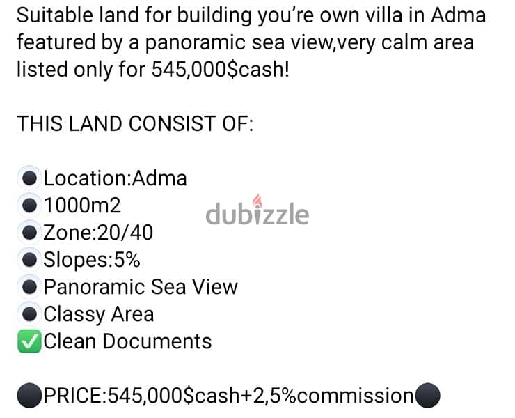 land 1000m in adma 20/40 545000$ 0