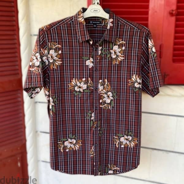 INTERNATIONAL CONCEPTS Brown Floral Hawaiian Shirt. (L) 1