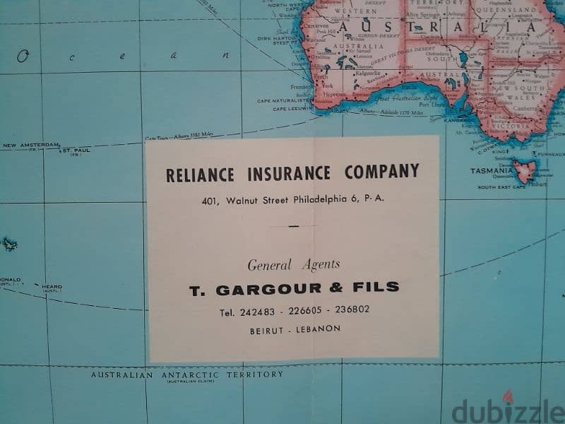 Vintage Collectible T. Garghour & fils Reliance insurance company MAP 0