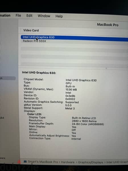 MacBook PRO 2019 core i9 16GB 512GB SSD Radeon Pro 555x 4GB dedicated 4