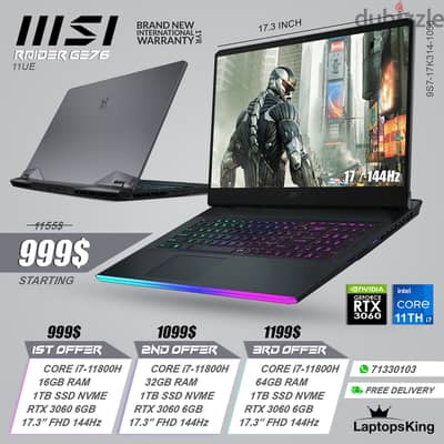 Msi Raider Ge76 11UE Core i7-11800h Rtx 3060 144hz 17.3" Gaming Laptop