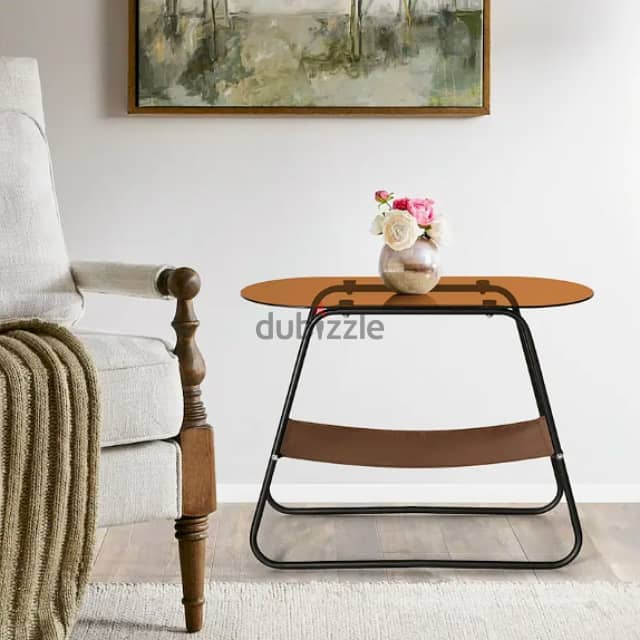 Tempered Glass Side Table with Storage, Metal Oval Coffee Table طاولة 1