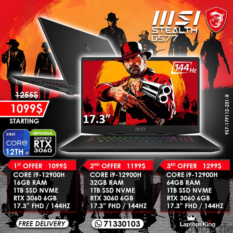 MSI STEALTH GS77 CORE i9-12900H RTX 3060 144HZ 17.3" GAMING LAPTOPS 0