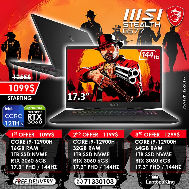 MSI STEALTH GS77 CORE i9-12900H RTX 3060 144HZ 17.3" GAMING LAPTOPS 0