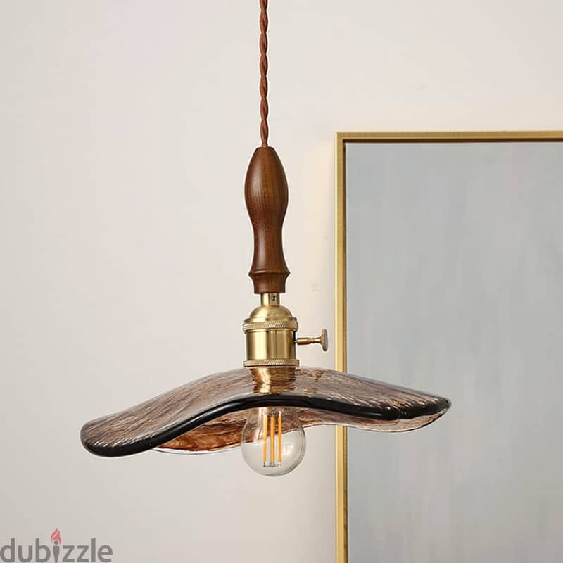 Vintage Pendant Light, Amber Glass Hanging Lamp, Walnut Fittings 4