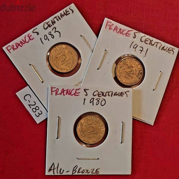 France since 1971 Lot# C-283 set of 3 coins of 5 Centimes 1