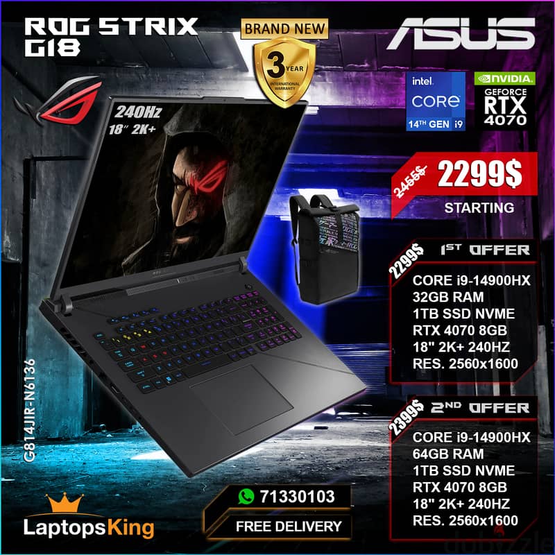 ASUS ROG STRIX G18 i9-14900HX RTX 4070 240HZ 18" 2K+ GAMING LAPTOP 0