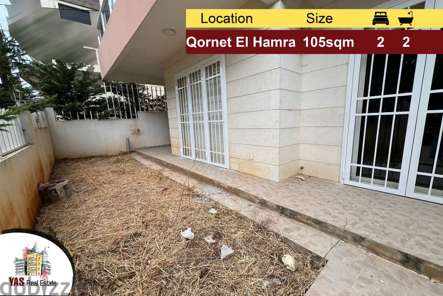 Qornet El Hamra 105m2 | 50m2 Garden | Prime Location | Well Lighted|NE 0