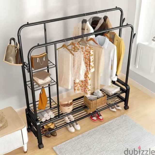 Double Clothes Rack with Shoe Shelves, Storage Boxes & Wheels ستاند 1