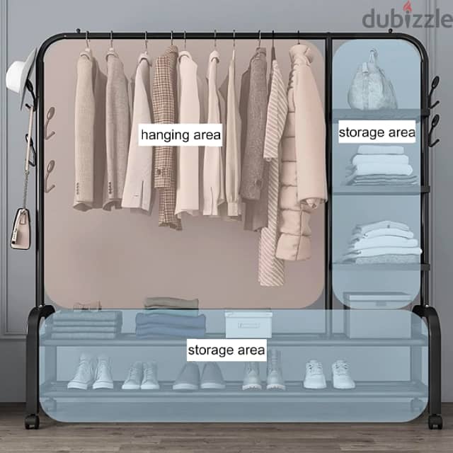 Double Clothes Rack with Shoe Shelves, Storage Boxes & Wheels ستاند 2