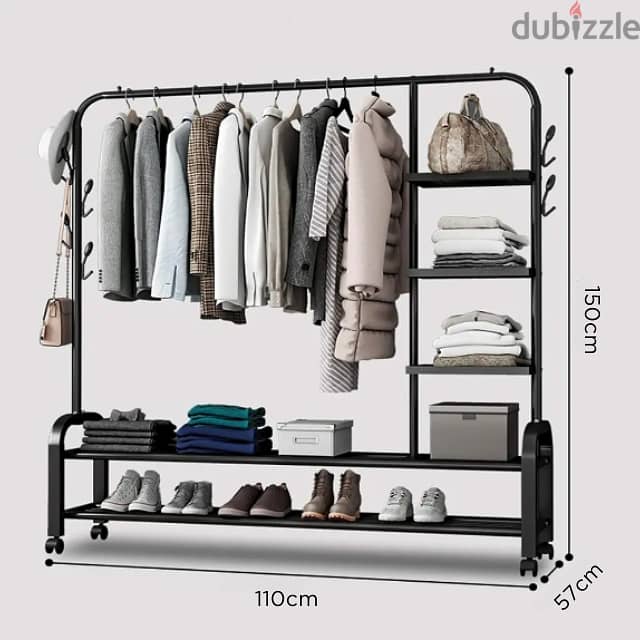 Double Clothes Rack with Shoe Shelves, Storage Boxes & Wheels ستاند 7