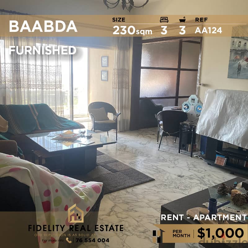 Apartment for rent in Baabda furnished AA124 شقة مفروشة في بعبدا 0