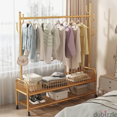 Golden Clothes Rack with Shoe Storage, Shelves & Side Hooks ستاند