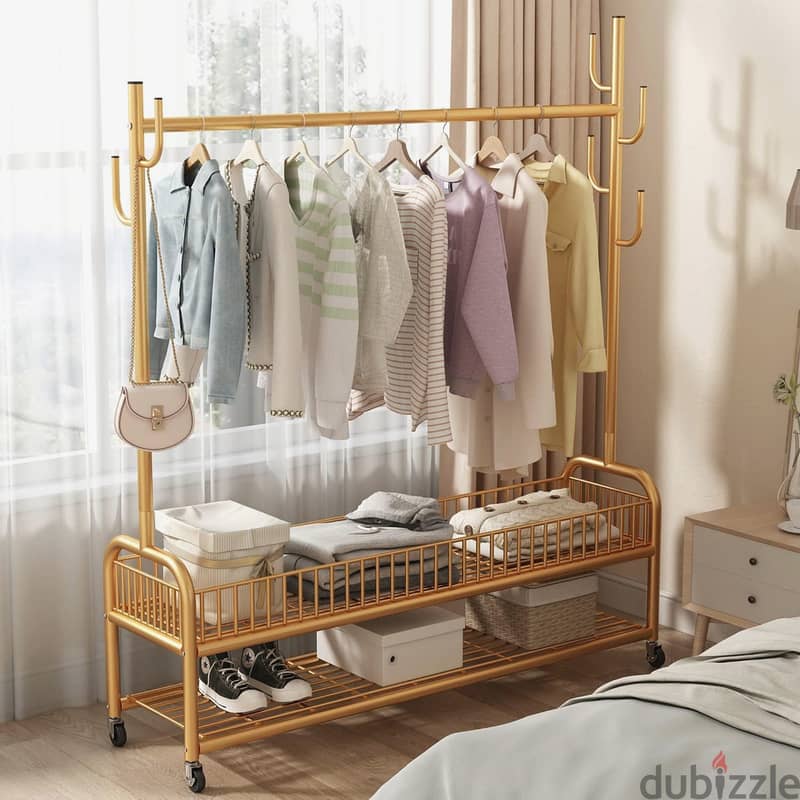 Golden Clothes Rack with Shoe Storage, Shelves & Side Hooks ستاند 0