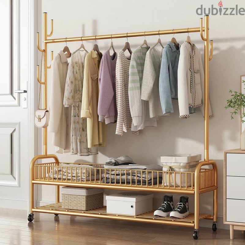 Golden Clothes Rack with Shoe Storage, Shelves & Side Hooks ستاند 1