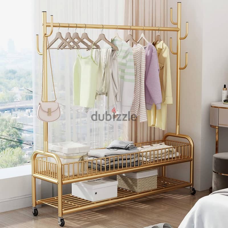 Golden Clothes Rack with Shoe Storage, Shelves & Side Hooks ستاند 6