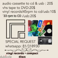 vhs tapes , audio tapes , records to CD / DVD / USB . converting