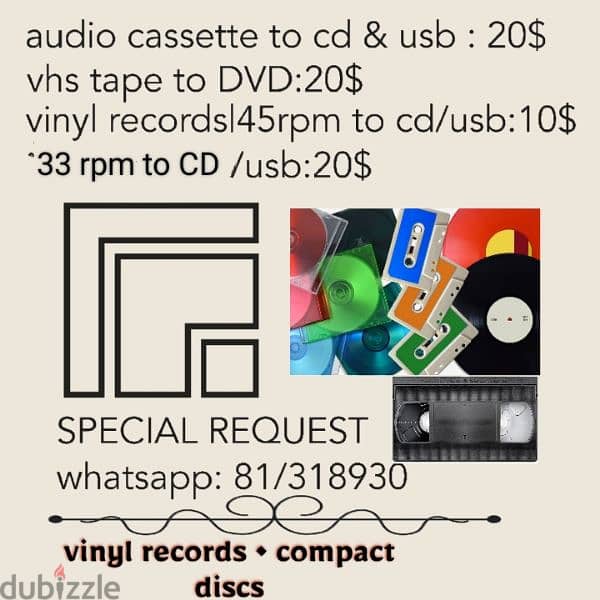 vhs tapes , audio tapes , records to CD / DVD / USB . converting 0