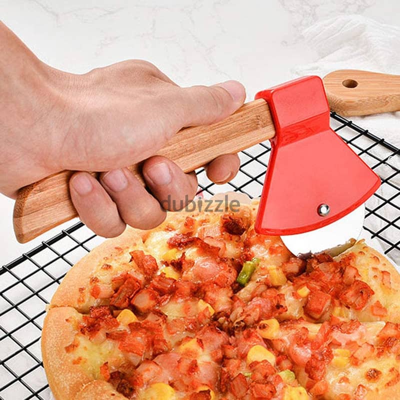 Axe Pizza Cutter with Bamboo Handle and Sharp Rotating Blade 0