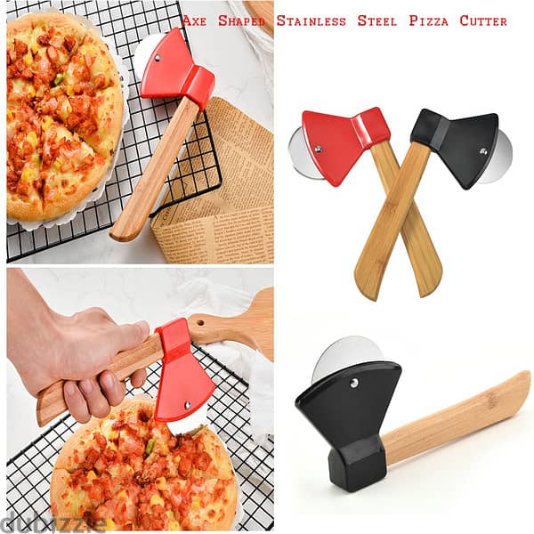 Axe Pizza Cutter with Bamboo Handle and Sharp Rotating Blade 1