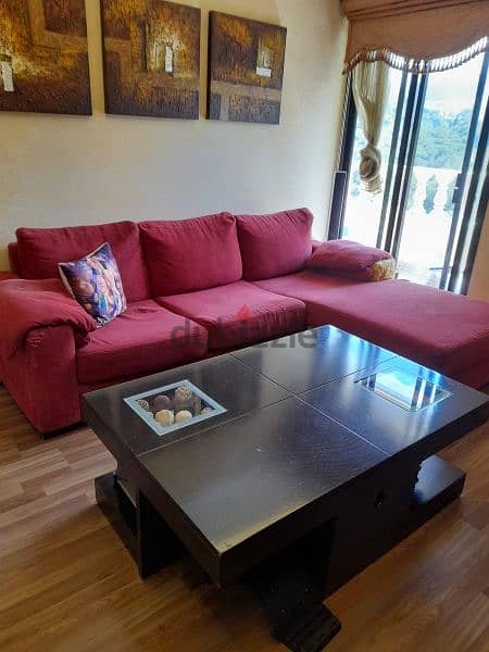 living room with center table TV cabinet and wall hanging shelves 5